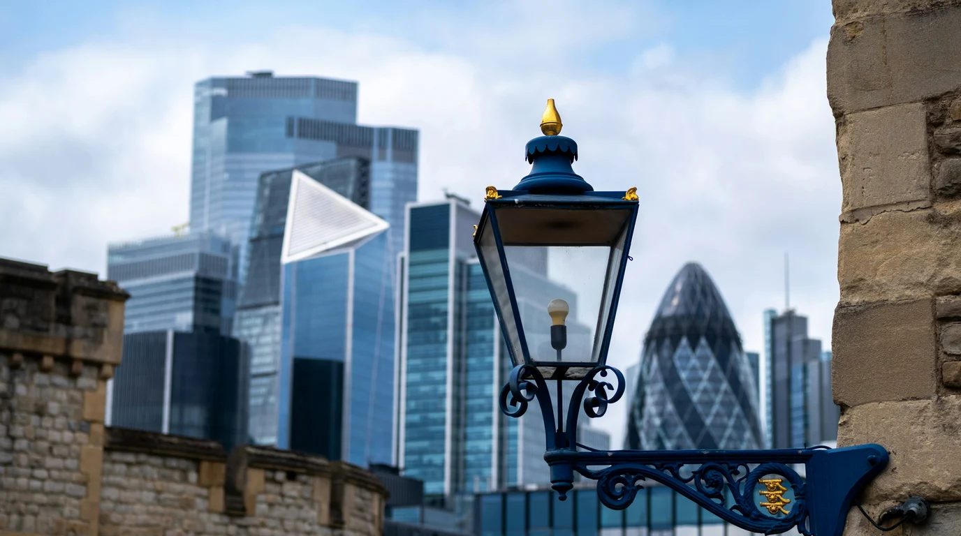 An ornate blue cast-iron lantern on a weathered stone wall, with glass office towers rising behind it under a cloudy sky.
