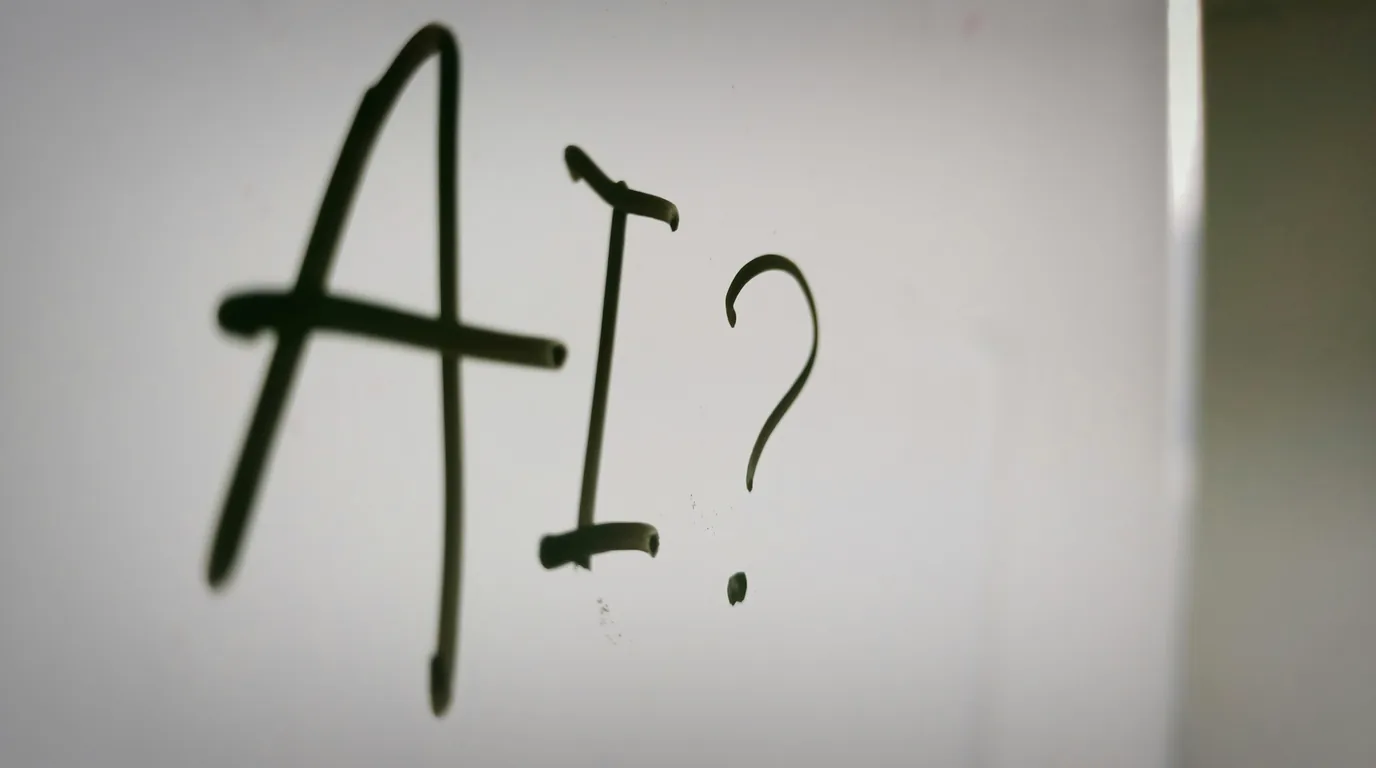 The letters A I and a question mark written in marker on a whiteboard.