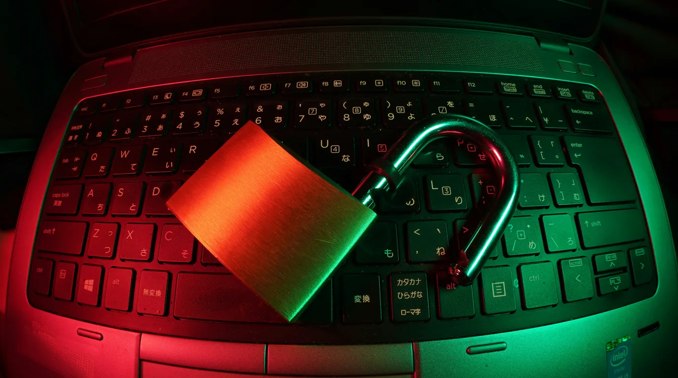 An open padlock resting on a backlit keyboard, the keys lit red and green.