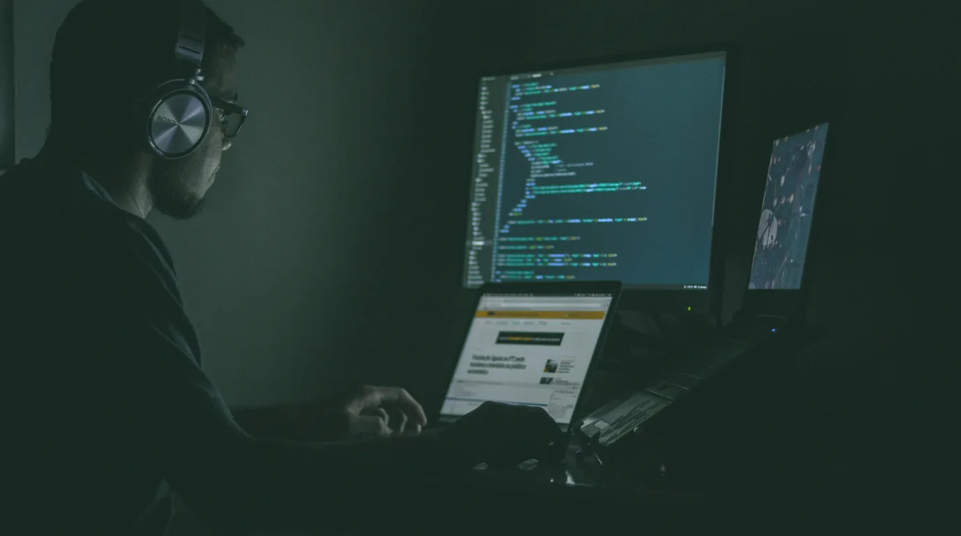 A figure seated in a dark room facing two screens of code, lit only by the monitors.