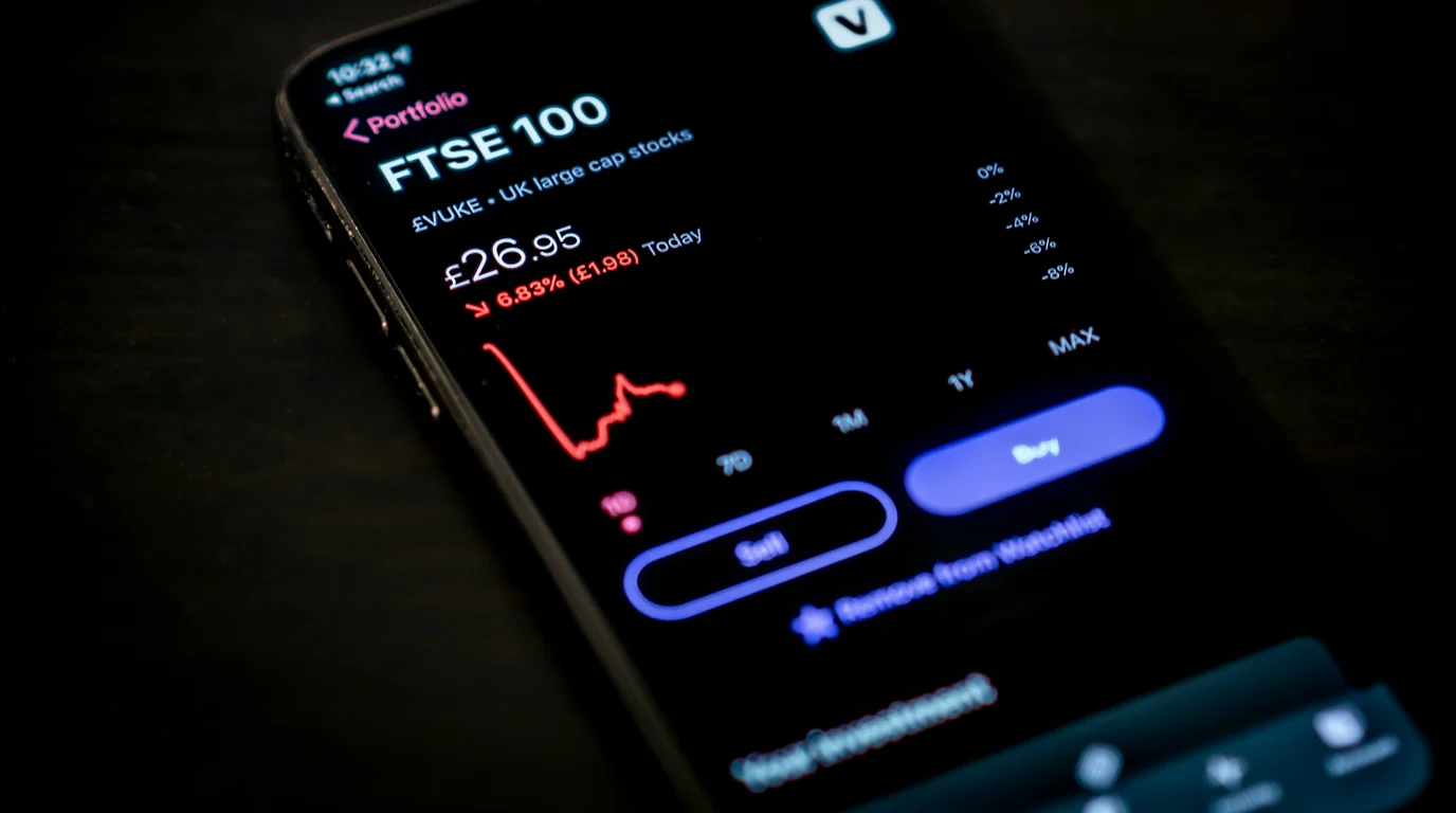 A phone screen glowing in the dark with a falling red price line, a percentage scale and rounded blue buy and sell buttons.
