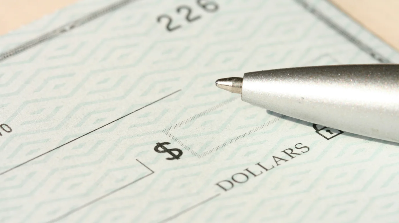 Macro view of a silver pen tip on a pale green patterned cheque, beside the printed dollar sign and amount line.
