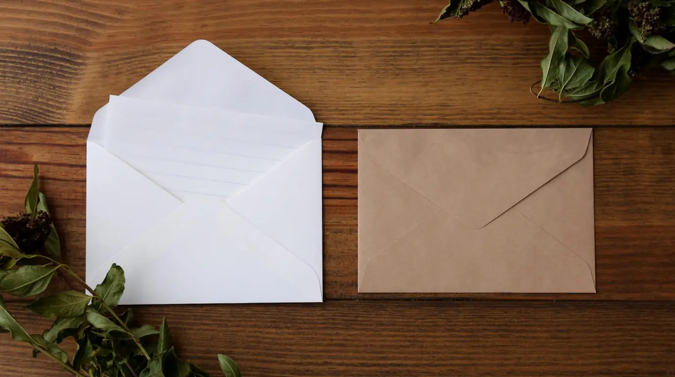 A white envelope and a brown kraft envelope side by side on a wooden table, framed by green leaves.