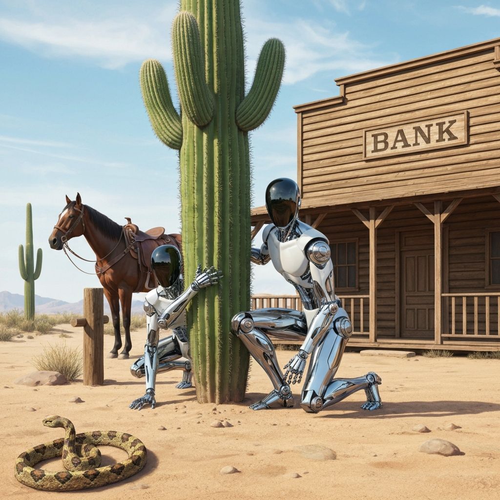 Chrome robots crouching behind a cactus outside an Old West bank
